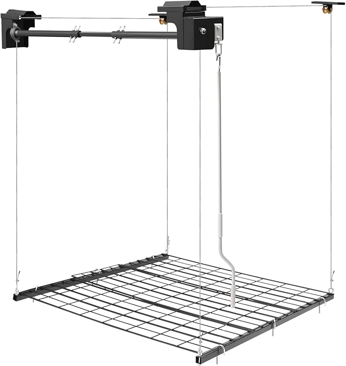 Garage Lifting Storage Rack, 250lbs Adjustable Overhead Garage Storage Rack Heavy-duty 4x4 FT Garages Ceiling Storage Lift Max. Adjustable Height 96in (Matte Black 250Lbs)