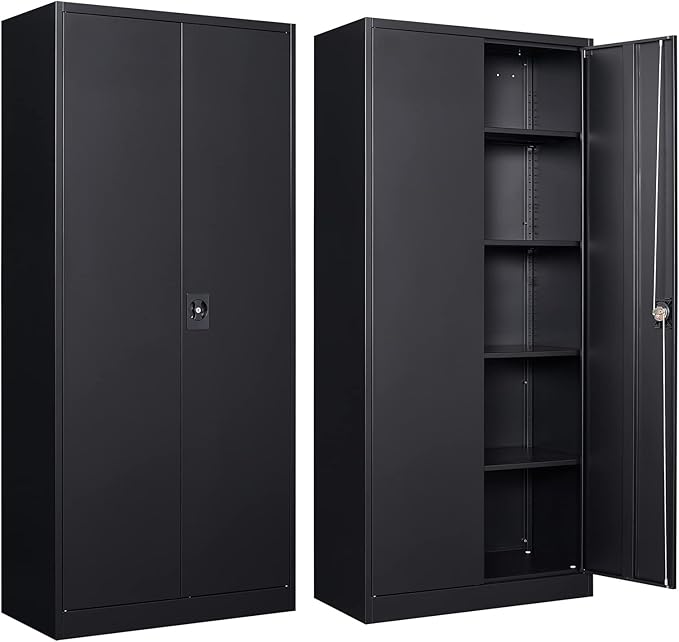 Metal Storage Cabinet with 2 Doors and 4 Adjustable Shelves, 71'' Steel Garage Cabinet, Locking Tool Cabinets for Office, Home,School,Kitchen,Garage Utility Black