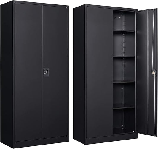 Metal Storage Cabinet with 2 Doors and 4 Adjustable Shelves, 71'' Steel Garage Cabinet, Locking Tool Cabinets for Office, Home,School,Kitchen,Garage Utility Black