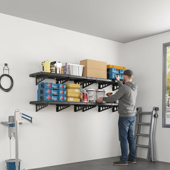 FLEXIMOUNTS 4 Pack 2x4ft Garage Storage 24x48 inch Heavy Duty Bike Wall Shelving Rack, 1320lbs Total Weight Capacity, Black, Pro Series