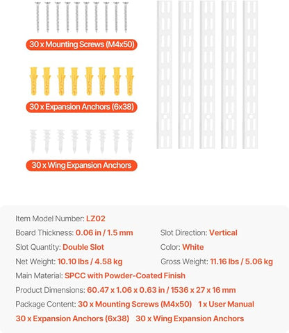 VEVOR Shelf Pilaster, 60-inch 5 Pack, Dual Track Upright Wall Shelving System, Heavy Duty Support System Twin Slot Shelf Rails, 25 Screws, Suitable for Cabinet Closet Organization Storage, Silver