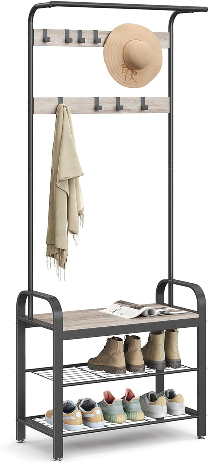 VASAGLE Coat Rack, Hall Tree with Shoe Bench for Entryway, Entryway Bench with Coat Rack, 4-in-1, with 9 Removable Hooks, a Hanging Rod, 13.3 x 28.3 x 72.1 Inches, Greige and Black UHSR40MB