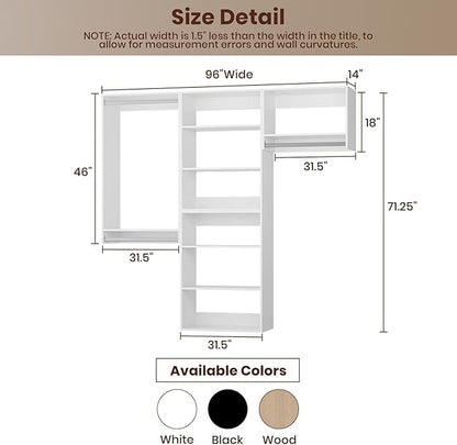 ROOMTEC Modular Closet System, 96" Wall-Mounted Closet Organizer with Hanging Rods, Modern Wooden Tower for Walk-In Closets, Wardrobe Storage Kit, White