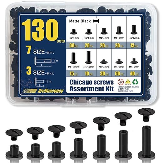 130 Sets Matte Black Chicago Screws for Leather, Leather Rivets Kit, 7 Sizes M5x4-15mm & 3 Screw Lengths M4x3-5mm, True Deep Black Chicago Screw for DIY Craft and Projects