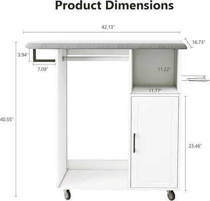 Rolling Ironing Board with Storage, Ironing Cart with Iron Holder and Coat Hanger, Multipurpose Ironing Cabinet with Wheels, Suitable for Laundry Room, Bedroom, Coat and hat, White