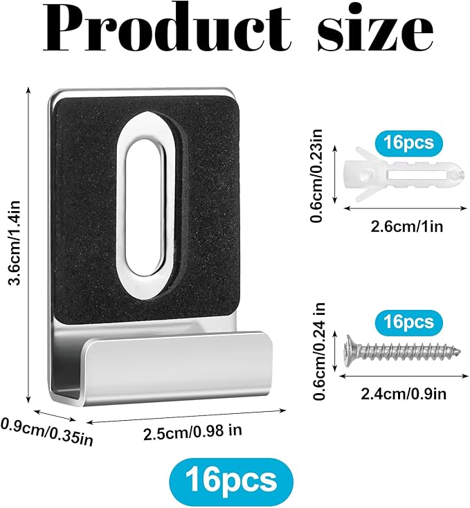 16pcs Metal Mirror Holder Kit, J Type Mirror Hanger Clip Kit with Screws Rubber Pads Mirror Hooks Heavy Duty Mirror Hanger Hardware for Frameless Mounting Wall Tile Billboard Display (Silver)