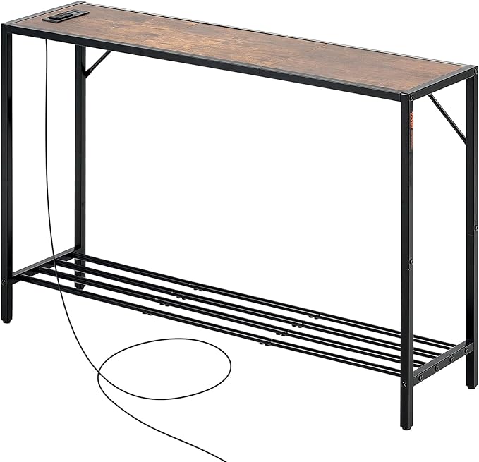 VEVOR Narrow Console Table, 41.7" Behind Couch Shelf with Power Outlets, 2-Tier Long Entryway Shelf, Sofa Table with Metal Frame and Charge Station, for Entryway, Hallway, Living Room