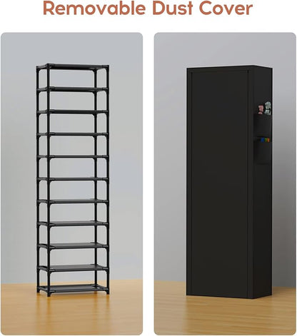 VTRIN Vertical Narrow Shoe Rack Organizer 10 Tier Tall Shoe Shelf Holds 20-22 Pairs with Non-Woven Dustproof Cover for Closet, Entryway Black