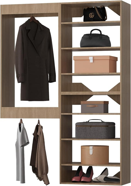 Modular Closet System, 61" Wide Closet Organizer System with Towers and Hanging, Wood Closet Tower Storage for Walk In Closets, Wall Mounted Wardrobe Organizer Kit System, Bedroom, Wood