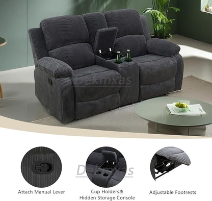 Living Room Furniture Sets, 5PCS Dark Grey Corduroy Fabric Recliner Sectional Sofa Set with Drop-Down Table, Reclining Sofa Couches with 5 Recliner Seats, Cup Holder,Storage Console