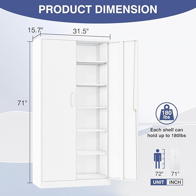 Metal Storage Cabinet with Lock,Tall White File Cabinet with 2 Doors and 5 Adjustable Shelves,Steel Storage Cabinets for Garage,Home Office,Pantry,School,Hospital
