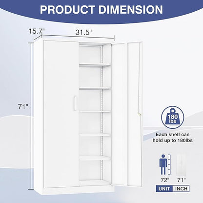Metal Storage Cabinet with Lock,Tall White File Cabinet with 2 Doors and 5 Adjustable Shelves,Steel Storage Cabinets for Garage,Home Office,Pantry,School,Hospital