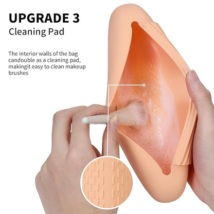 Silicone Makeup Brush Holder Travel Cosmetic Bag：Soft Portable Cosmetic Face Brushes Holder with Upgrade Anti-Fall Out Magnetic Closure, Large Travel Makeup Brush Case - Melon