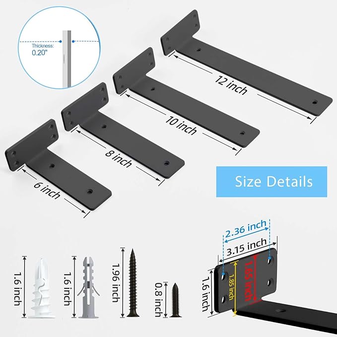 Shelf Brackets Floating Shlef Brackets 10-Inch 6-Packs, 1/5-Inch Thick Heavy Duty Shelving Brackets for Wood Shelves, 10" Hidden Black Metal L Bracket Shelf Bracket Supports with 160 Lbs Load Capacity