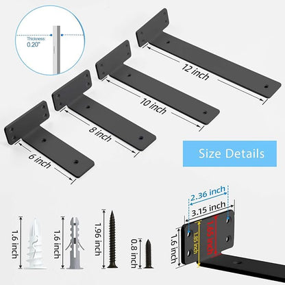 Shelf Brackets Floating Shlef Brackets 10-Inch 6-Packs, 1/5-Inch Thick Heavy Duty Shelving Brackets for Wood Shelves, 10" Hidden Black Metal L Bracket Shelf Bracket Supports with 160 Lbs Load Capacity