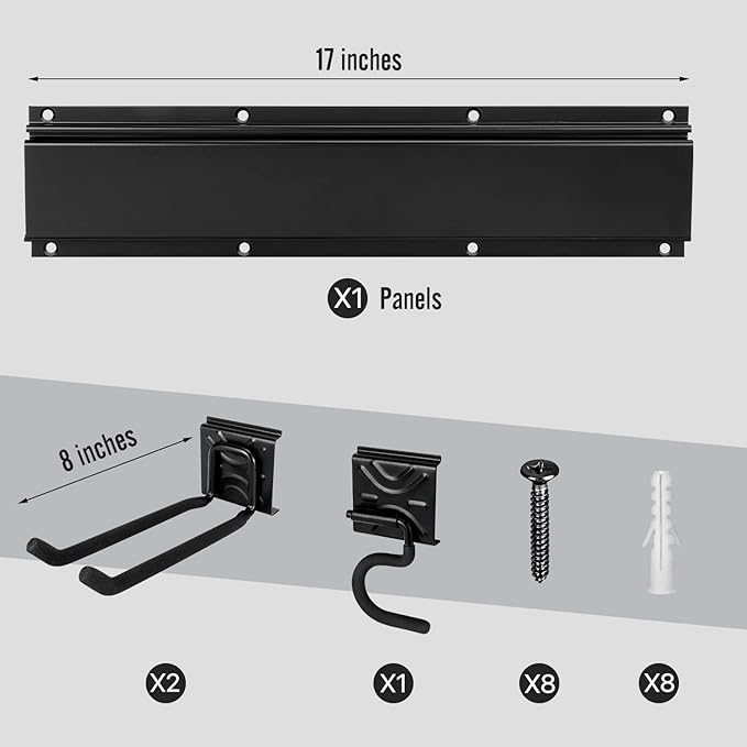 Tool Rack Kits, Garage Wall Organization Hanger with 1 Mop Hook and two 8-inch Multi-Purpose Hooks, Garden Yard Shovels Rakes for String Hedge Trimmer Brooms Hoses Folding Chairs ladders, and More