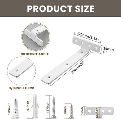 Alise White Shelf Brackets 8 Inch,Heavy Duty Floating Shelf Bracket Mounting Brackets,Hidden L Brackets for Shelves,Metal Decorative Shelf Brackets Wall Shelf Supports Brackets DIY,Pack of 4