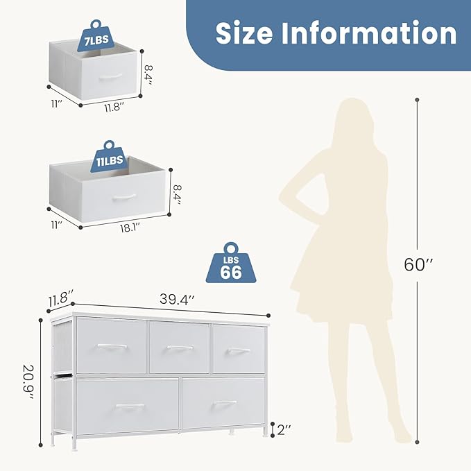 DUMOS Dresser for Bedroom, 5 Storage Drawers, Wide Fabric Closet Chests Organizer Tower Furniture with Wooden Top Metal Frame for Clothes, Guest Room, Living Room, Hallway, Entryway