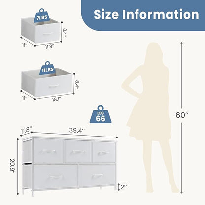 DUMOS Dresser for Bedroom, 5 Storage Drawers, Wide Fabric Closet Chests Organizer Tower Furniture with Wooden Top Metal Frame for Clothes, Guest Room, Living Room, Hallway, Entryway