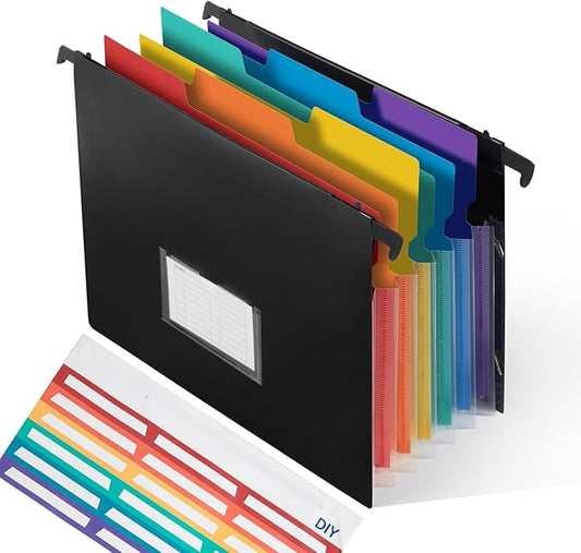 TRANBO 7-Pockets Hanging File Folder with Retractable Hooks for Filing Cabinet, 2 in 1 Expandable Accordion File Organizer with Elastic Band for File Frame or On-The-Go Use (1 Pcs)