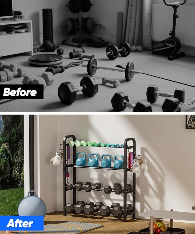 Adjustable Dumbbell Rack, Weight Storage Stand Holder for Dumbbells & Kettlebells, Heavy-Duty Home Gym Organizer with 6 Hook for Home Gym Equipment Accessories (Rack Only)