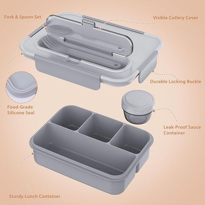 Caperci Bento Box Adult - 50 oz Large Lunch Containers for Adults and Teens, 4-Compartment Bento Lunch Box with Utensils & Leak Proof Sauce Cup, Dishwasher Safe, Durable, BPA-Free (Gray)