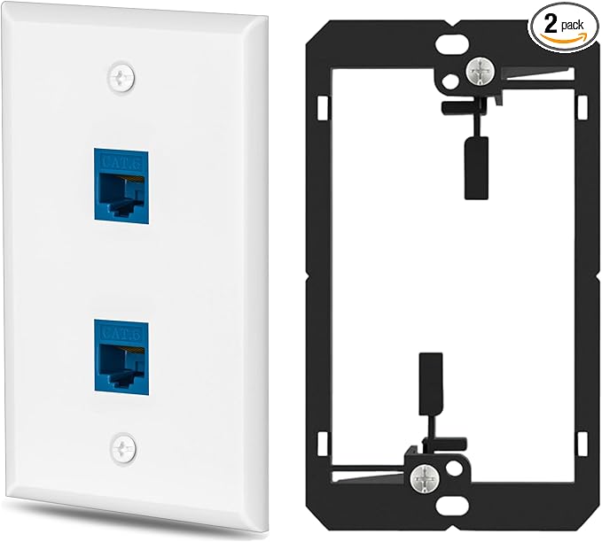 1 Pairs Ethernet Wall Plate Cat6 2 Port Keystone Jack Wall Plate with RJ45 Coupler Outlet Connector and Single Gang Low Voltage Mounting Bracket