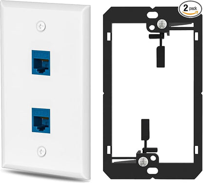 1 Pairs Ethernet Wall Plate Cat6 2 Port Keystone Jack Wall Plate with RJ45 Coupler Outlet Connector and Single Gang Low Voltage Mounting Bracket