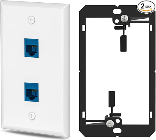 1 Pairs Ethernet Wall Plate Cat6 2 Port Keystone Jack Wall Plate with RJ45 Coupler Outlet Connector and Single Gang Low Voltage Mounting Bracket