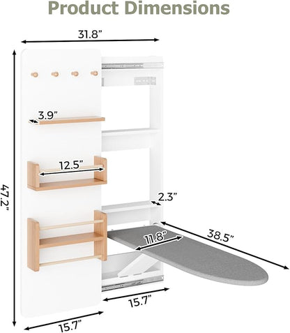 Wall Mounted Ironing Board Cabinet with Storage, Foldable Wall Ironing Board with Sliding Door, Wall Mount Space Saving Ironing Station for Laundry Room, Living Room, Entrance