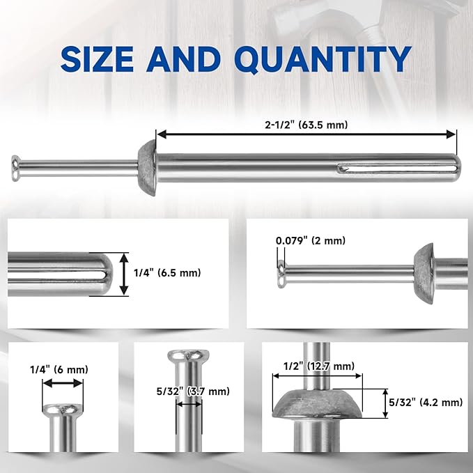 meite Hammer Drive Anchors 1/4" x 2-1/2" for Sign Mounting & Fence Brackets, Heavy-Duty Expansion Anchors for Concrete, Zinc-Plated Steel, Secure Hold (1 Case)