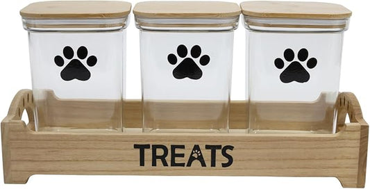 Geyecete dog treat container for Countertop pet treat container with 3 Jars dog treat jars For Puppy Airtight Wooden Dog Treat Storage With wood Lids