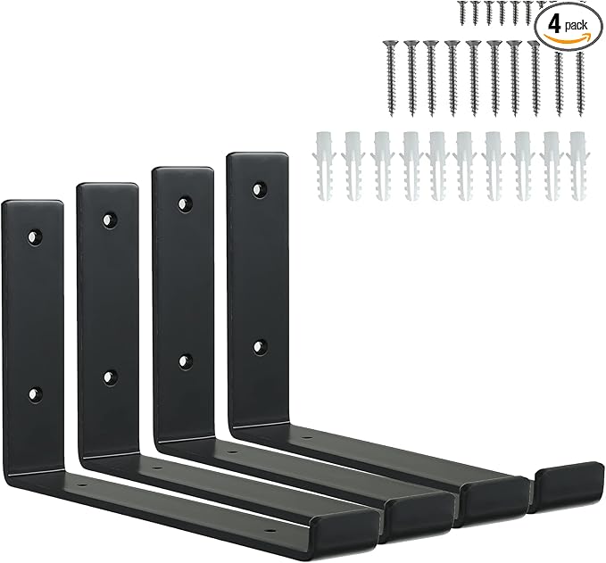 HEART ART Black Shelf Bracket 10 Inch, Shelf Brackets Heavy Duty,L Brackets for Shelves,Floating Shelf Bracket 4 Pack,9.5" L×6" H×1.5" W
