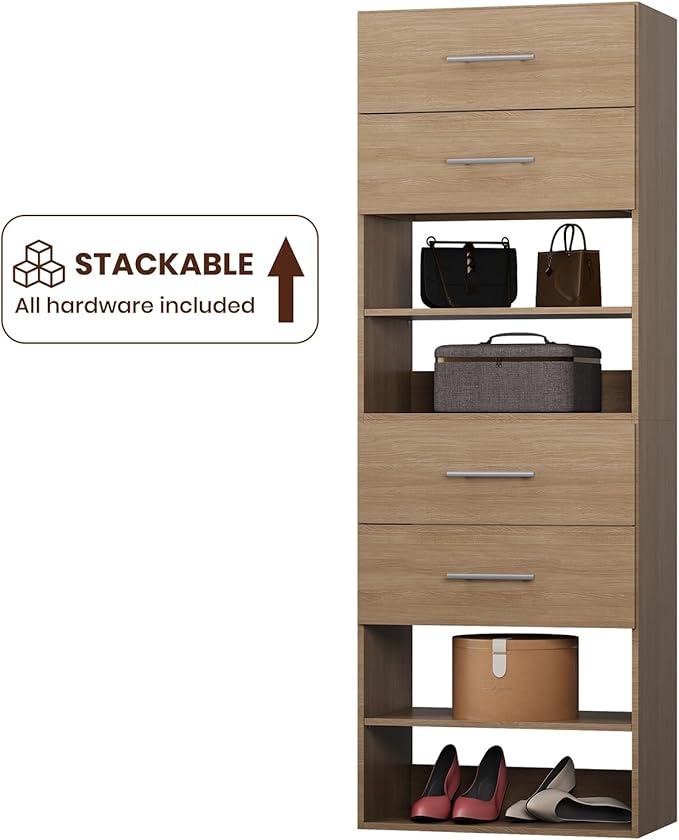 ROOMTEC 19.5" 2 Drawer Short Tower Closet Unit, Modular Closet System with Drawers and Shelf, Wardrobe Organizer for Bedroom or Walk-in Closet, Wall Mounted, Customizable Clothes Storage Unit, Wood