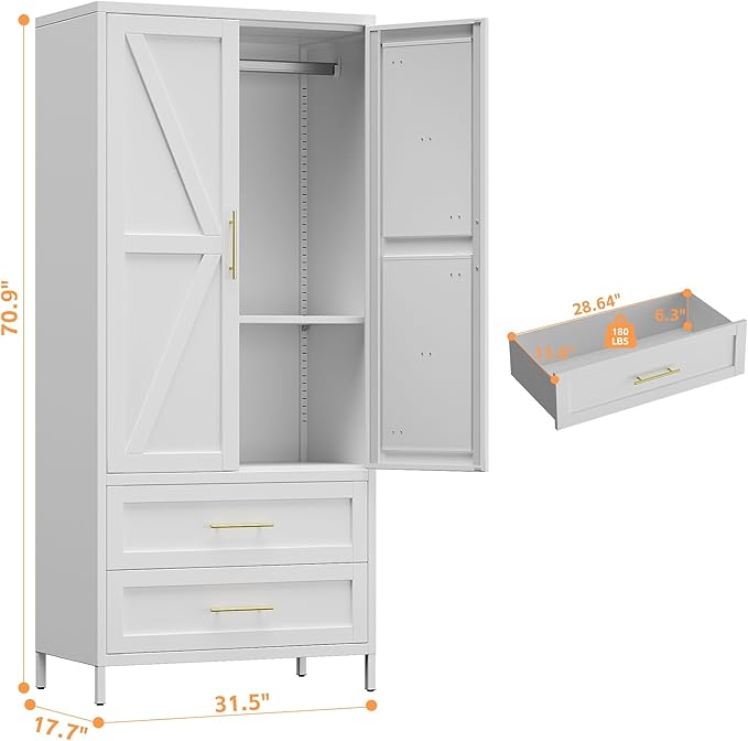 Aobabo Metal Wardrobe Cabinet with 2 Drawer, 71" H Metal Armoire Wardrobe Closet with Adjustable Shelf and Hanging Rod for Home, Laundry Room, Office, Installation Required, White
