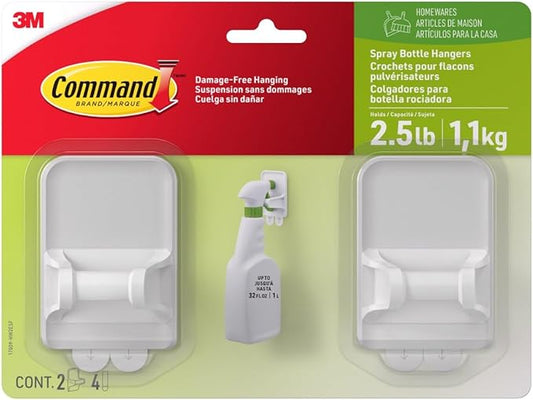 Command Spray Bottle Hangers, Holds up to 32 fl oz, 2 Hangers with 4 Strips, Damage-Free Spray Bottle Holder Wall Mount to Cabinet, Kitchen, or Under Sink