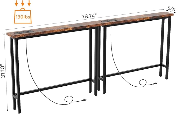 VINGLI 79" Console Table with Charging Station, 5.9" Narrow Sofa Table Set of 2, Entryway Table with Power Outlet & 4.9 Ft Extension Cord & Adjustable Feet, for Living Room, Hallway, Rustic Brown