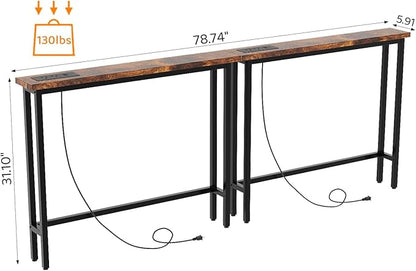 VINGLI 79" Console Table with Charging Station, 5.9" Narrow Sofa Table Set of 2, Entryway Table with Power Outlet & 4.9 Ft Extension Cord & Adjustable Feet, for Living Room, Hallway, Rustic Brown