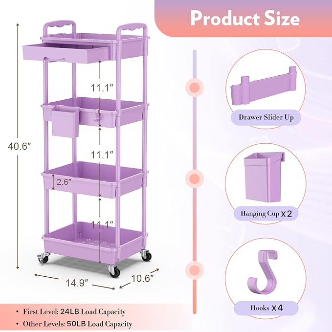 Makeup Cart Organizer with Drawers, 4 Tier Floor Skincare Organizers for Vanity, Rolling Makeup Bathroom Storage Cart Cosmetics Display Cases for Skin Care Perfume Nail Polish, Purple