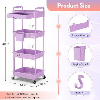 Makeup Cart Organizer with Drawers, 4 Tier Floor Skincare Organizers for Vanity, Rolling Makeup Bathroom Storage Cart Cosmetics Display Cases for Skin Care Perfume Nail Polish, Purple