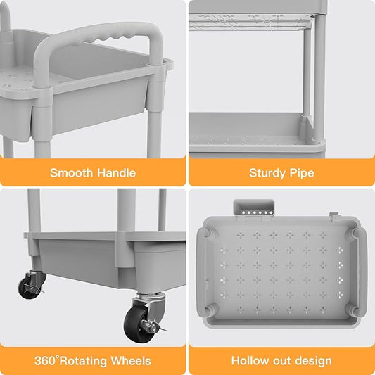5 Tier Rolling Utility Cart with Handle,REBECAT Utility Cart Made of Multifunctional Storage Organizer Tool for Kitchen,Bathroom,Living Room,Office(Gray)
