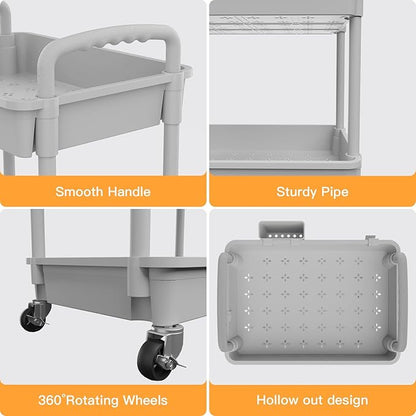 3 Tier Rolling Utility Cart with Handle,REBECAT Utility Cart Made of Multifunctional Storage Organizer Tool for Kitchen,Bathroom,Living Room,Office(Gray)