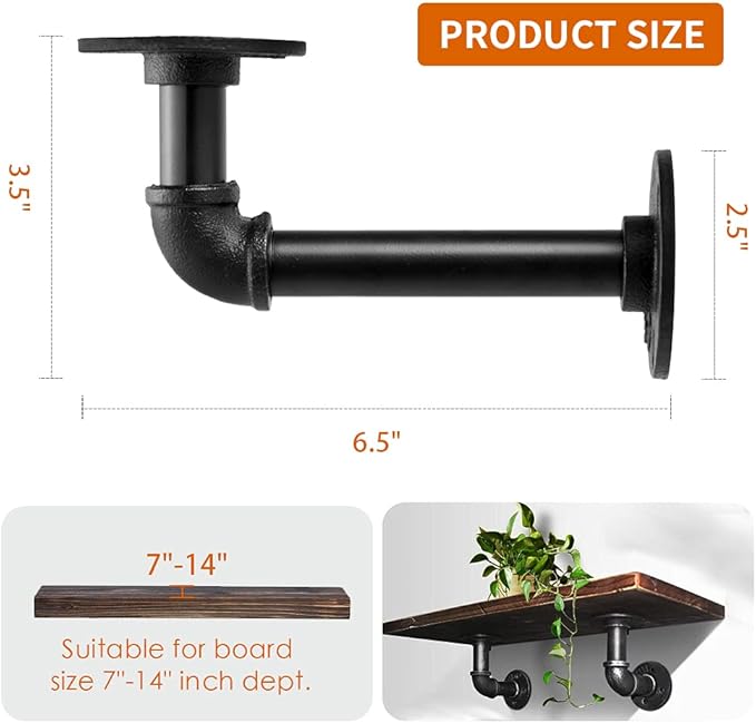 Janyang Industrial Pipe Shelf Brackets for 8 10 12 14 inches Board, Iron L Pipe Floating Shelves, Heavy Duty Metal Shelving Brackets - 6 Pack Black