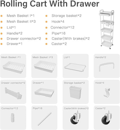 5 Tier Rolling Cart Organizer,Bathroom Cart Organizers with Wheels Laundry Room Organization Mobile Shelving Unit Utility Cart Storage Shelves Multi-Functional for Office, Home(White)