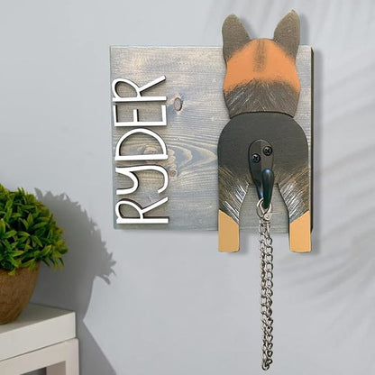 Personalized Dog Leash Holder for Wall Custom Name, Wooden Dog Butt Leash Hook, Decorative Key Rack Hooks Hanger for Entryway, Hallway, Farmhouse Dog Items Storage Organizer (1 Dog (5.7"x9"))