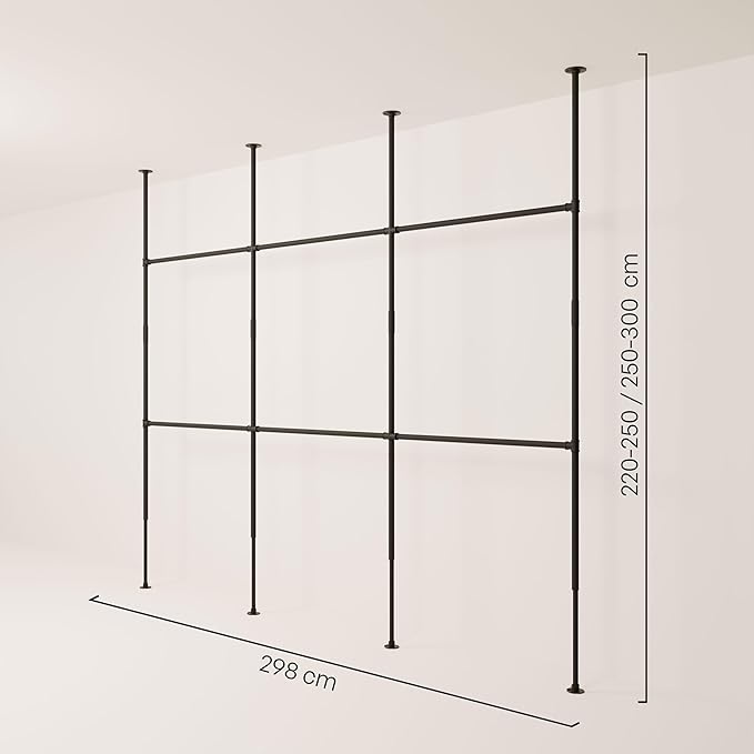 pamo Black Industrial Pipe Clothing Rack - LOFT III - Steplessly Adjustable Closet Organizer System for Ceiling Heights between 86" - 98"- Suitable as Closet Clothes Rack or Room Divider
