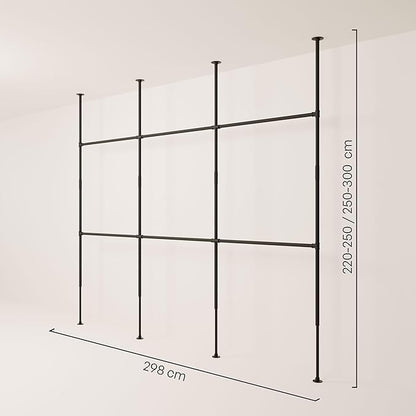 pamo Black Industrial Pipe Clothing Rack - LOFT III - Steplessly Adjustable Closet Organizer System for Ceiling Heights between 86" - 98"- Suitable as Closet Clothes Rack or Room Divider