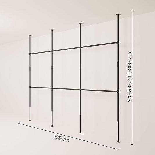 pamo Black Industrial Pipe Clothing Rack - LOFT III - Steplessly Adjustable Closet Organizer System for Ceiling Heights between 86" - 98"- Suitable as Closet Clothes Rack or Room Divider