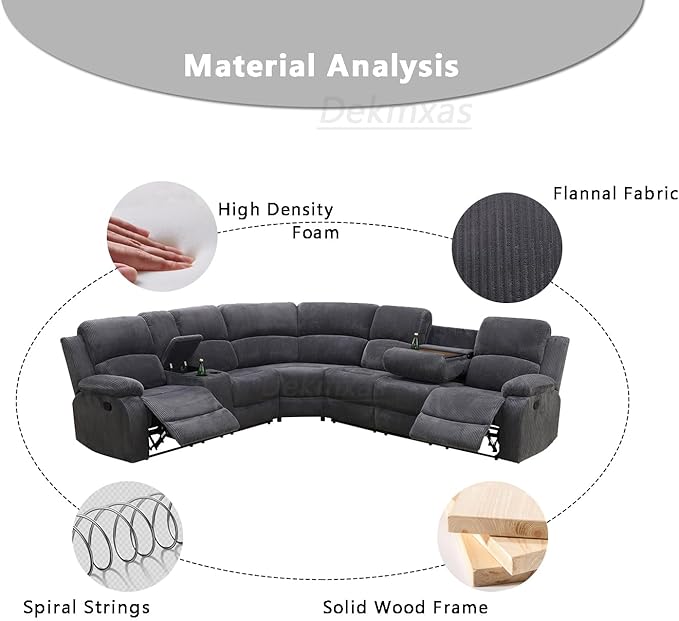 3-Piece Living Room Furniture Set, Reclining Sectional Sofa Set, Grey Corduroy Sofa Sets with Drop-Down Table, Sectional Recliner with Storage Console for Living Room, Bedroom, Office