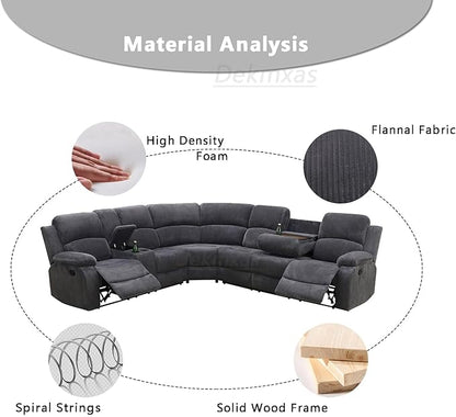 3-Piece Living Room Furniture Set, Reclining Sectional Sofa Set, Grey Corduroy Sofa Sets with Drop-Down Table, Sectional Recliner with Storage Console for Living Room, Bedroom, Office